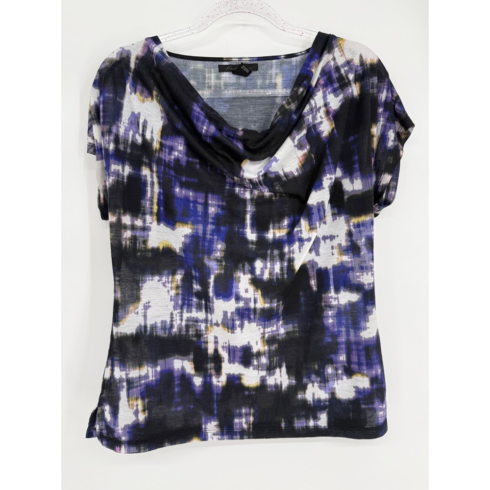Kenneth Cole New York Womens Sz L Purple Abstract Cowl Neck Cap Sleeve Blouse
